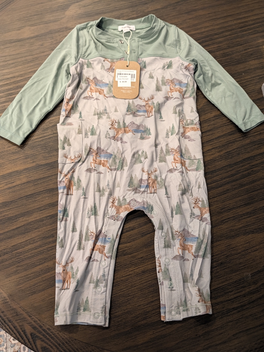 NWT Angel Dear Long-Sleeve One-Piece Romper in Sage and Woodland Print